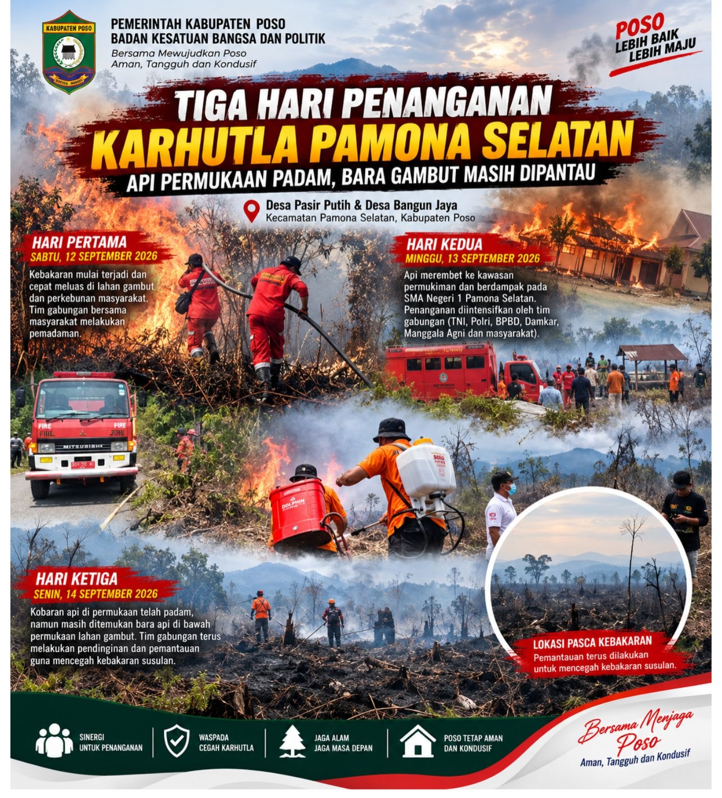 TIGA HARI PENANGANAN KARHUTLA PAMONA SELATAN, API PERMUKAAN PADAM, BARA GAMBUT MASIH DIPANTAU